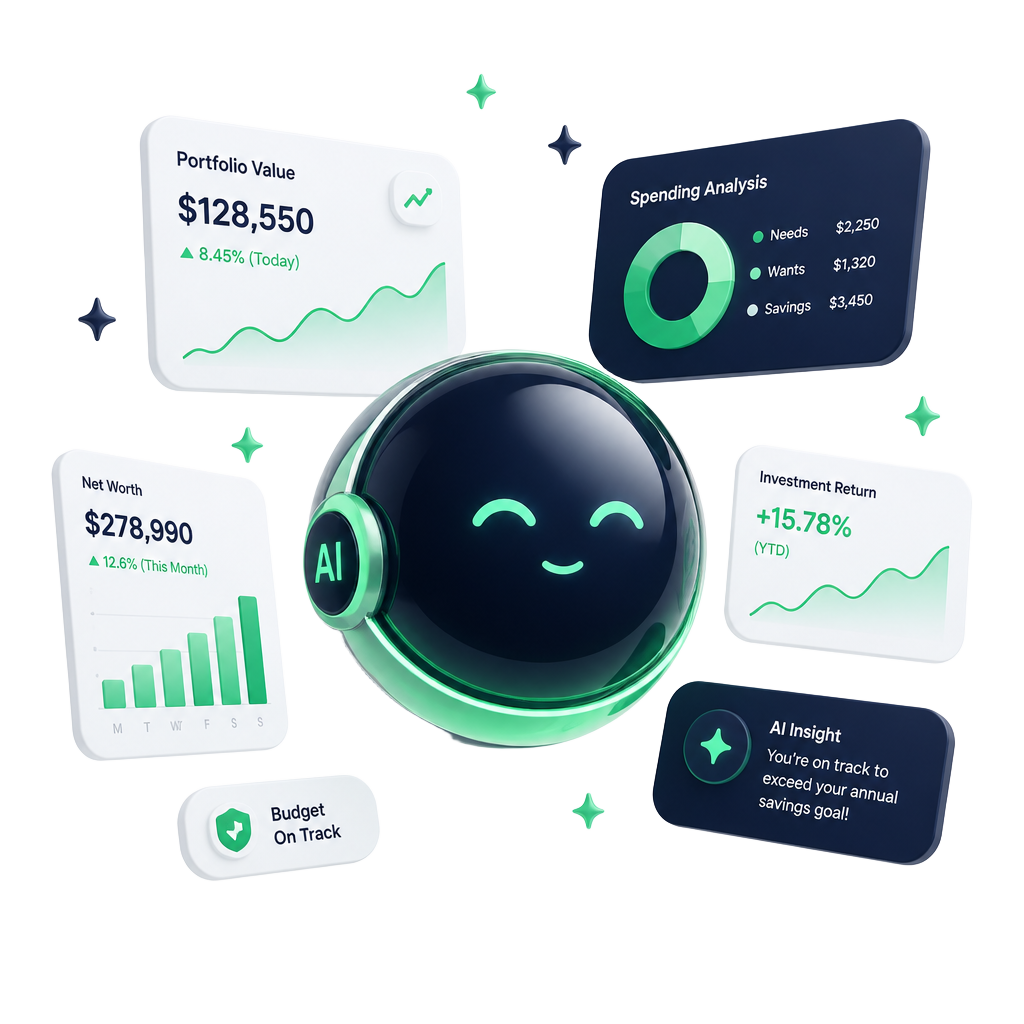 Credy AI assistant surrounded by financial insight cards